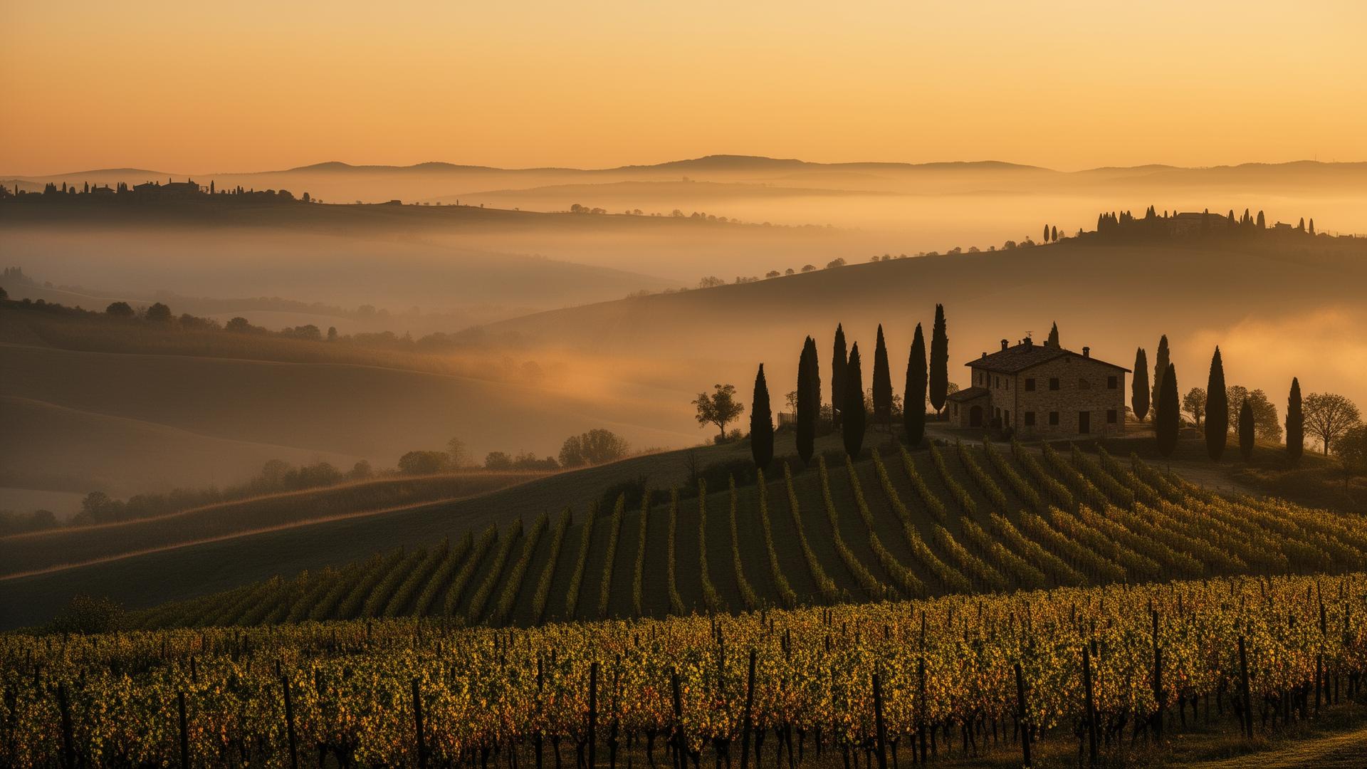 Collines brumeuses d'Émilie-Romagne au lever du soleil